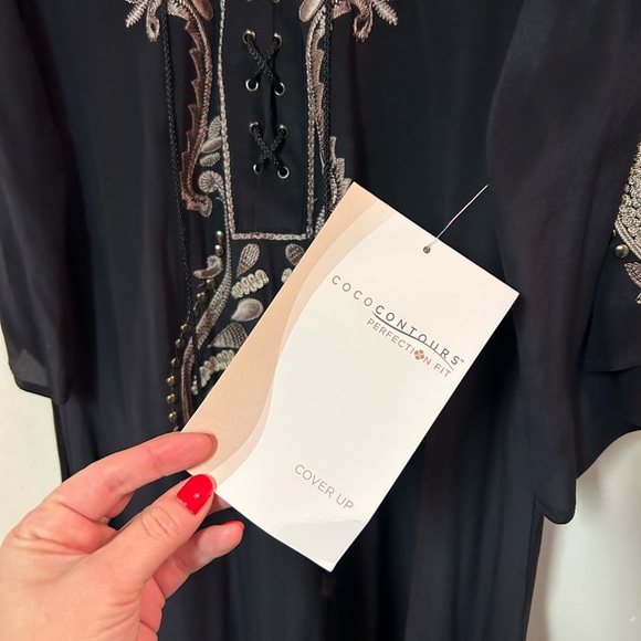 COCO CONTOURS Maxi Dress Embroidered Kaftan Tunic 100% Silk Black Small Kimono - Picture 6 of 6